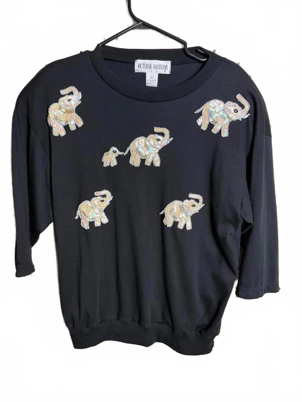 Vintage Sequin Elephant black Sweatshirt womens Size L